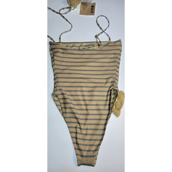 SAME LOS ANGELES One Piece Swimsuit Womens Stripped Sz Small Flower Beige Blue - Picture 7 of 10